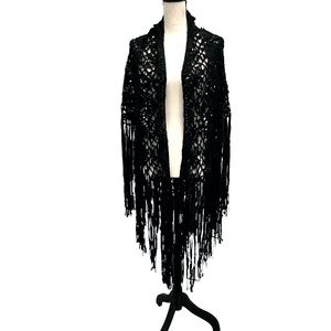 ELIZABETH GILLETT NYC BLACK WOVEN RIBBON FLORAL WRAP/SCARF WITH FRINGE